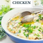Baked basil chicken with text title overlay.