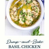 Baked basil chicken with text title at the bottom.