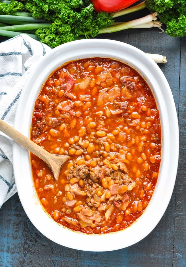 Overhead image of Cowboy Baked Beans for an easy cookout or potluck side dish.