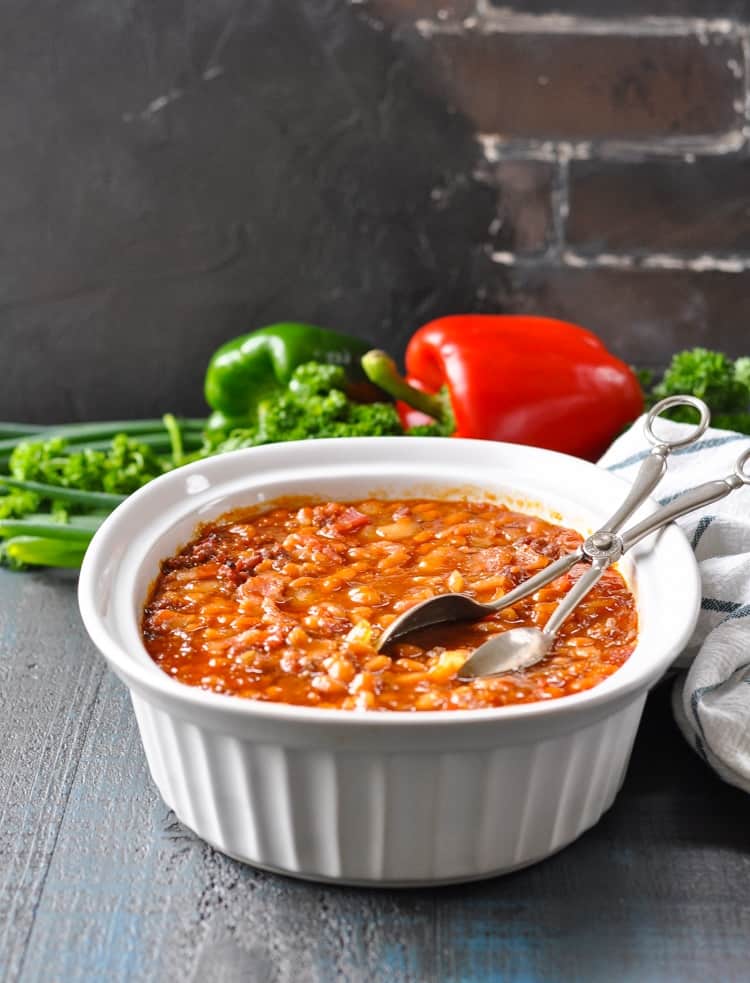 Cowboy Baked Beans that can be prepared in the oven or in the slow cooker