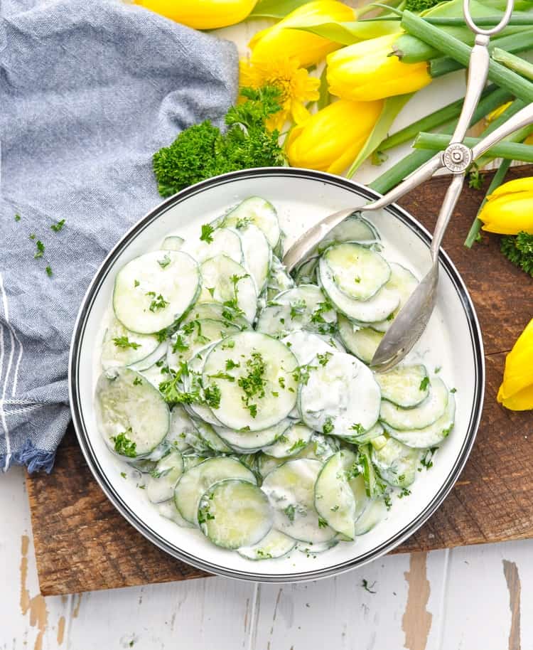 Overhead image of bowl with Creamy Cucumber Salad for a healthy side dish!