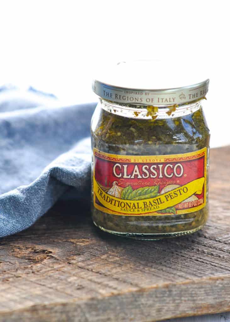 A jar of Classico brand basil pesto.