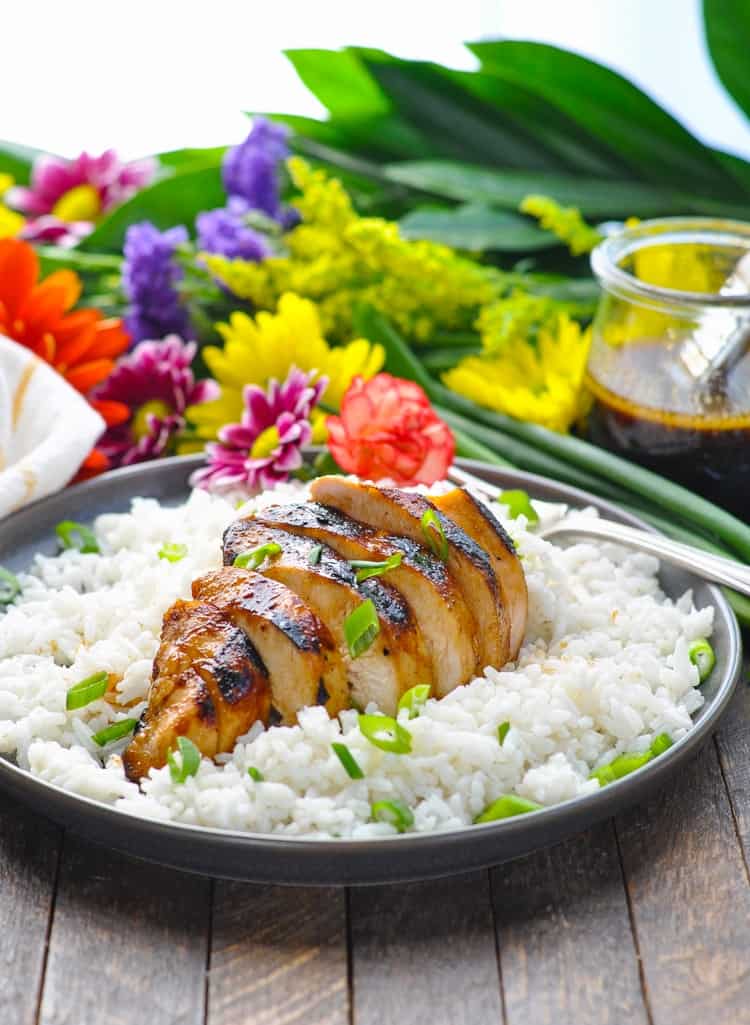 Teriyaki Chicken on a bed of white rice.