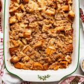 Square overhead shot of French toast casserole.