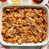 Horizontal overhead shot of a pan of baked French toast casserole.