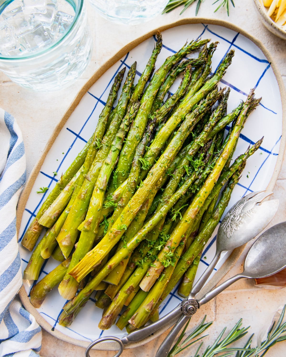 Overhead shot of a plate of roasted asparagus.