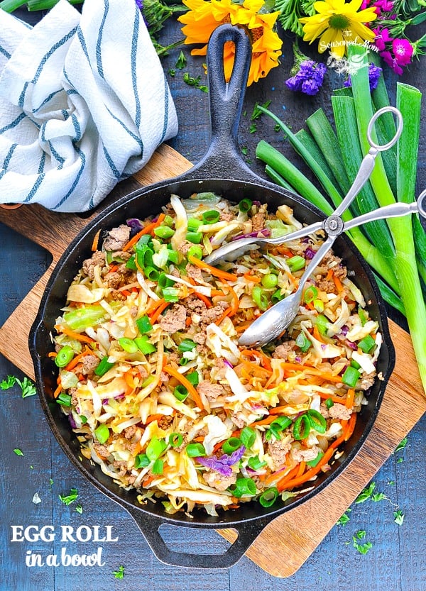 A skillet of healthy stir fry dinner with ground beef ground turkey or ground chicken called Egg Roll in a Bowl