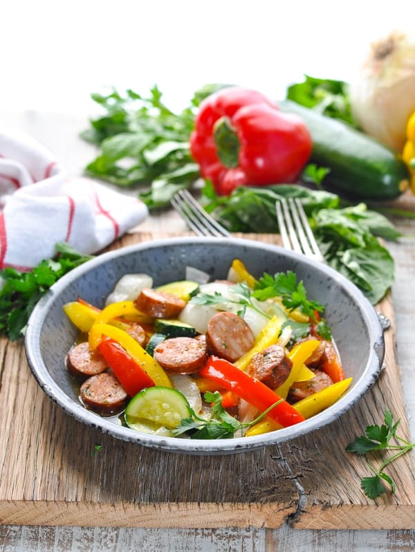 Italian Sausage and Peppers with Onions cooked in a foil pack in the oven or grill.
