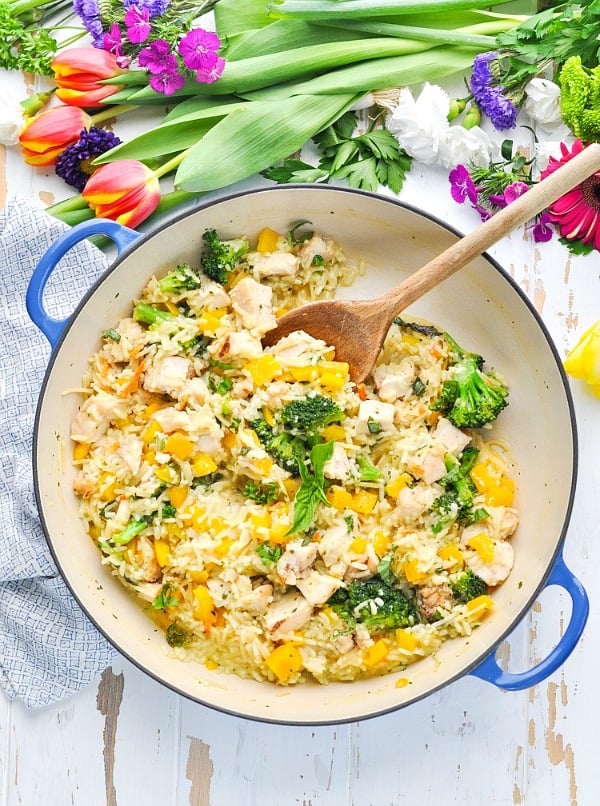 An easy one pot meal full of chicken and rice and fresh vegetables from the farmer's market!