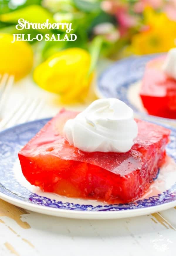 Strawberry Jello Salad on a plate is a 5 minute easy side dish or healthy dessert for summer!