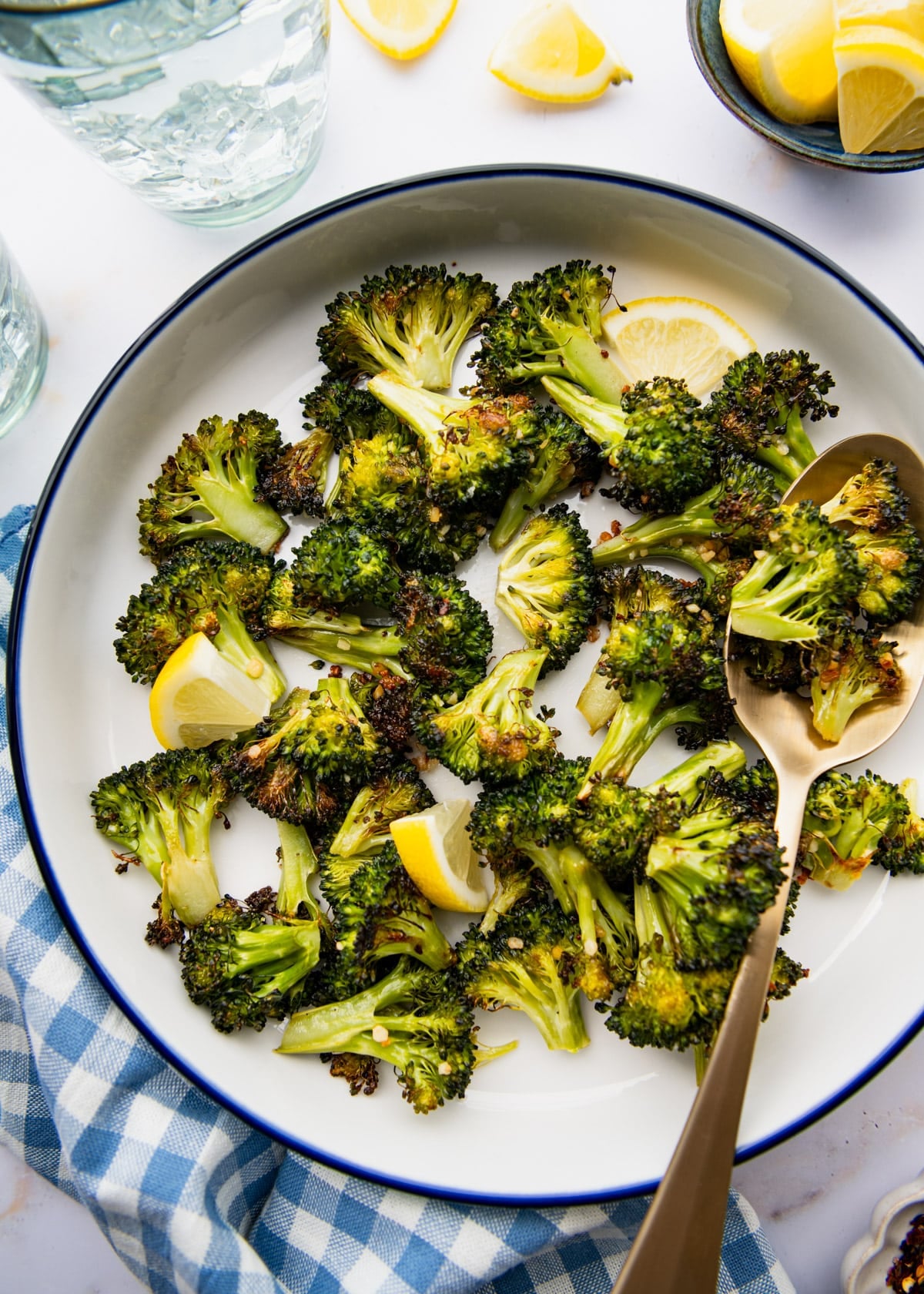 Overhead shot of a bowl of garlic roasted broccoli.