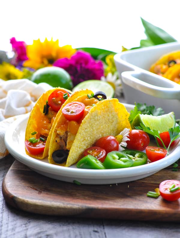 These Dump and Bake Chicken Tacos are a great way to use a rotisserie chicken