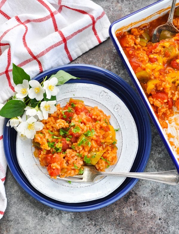 Dump and Bake Stuffed Bell Peppers Casserole is an easy and healthy one pot meal!