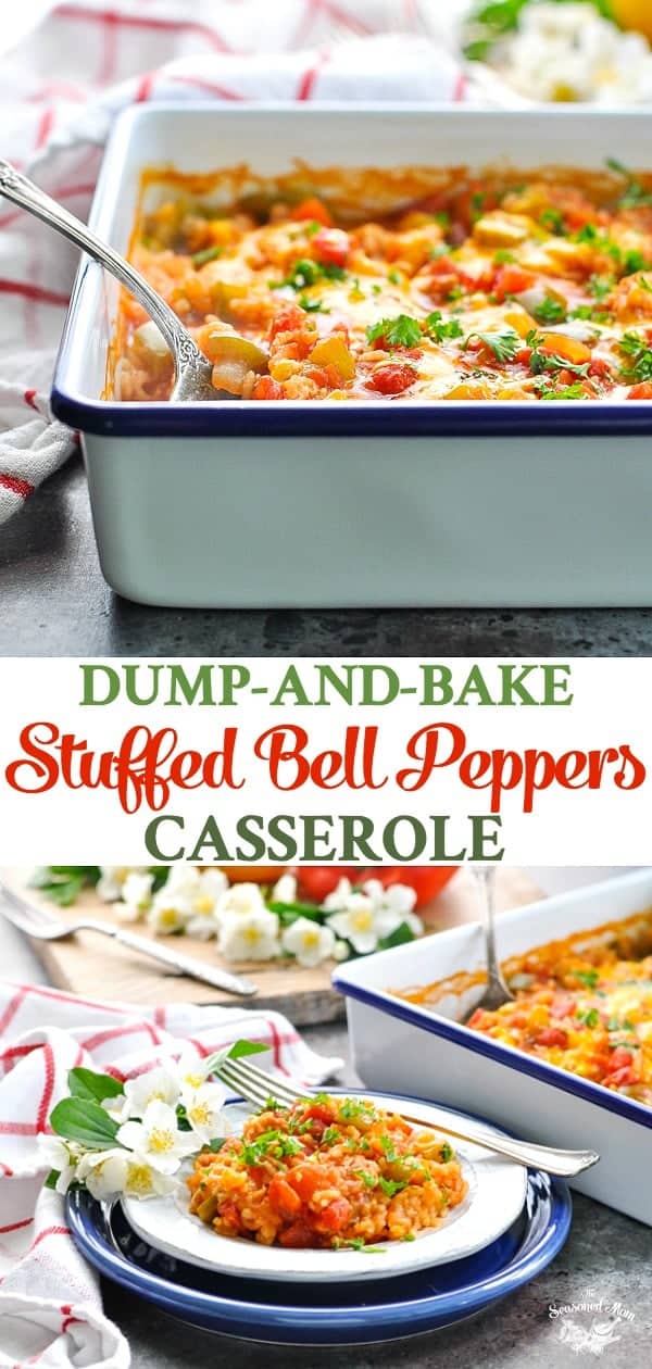 Serve a healthy and easy dinner with this Dump and Bake Stuffed Bell Peppers Casserole!