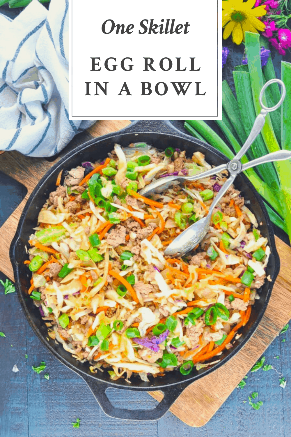 Overhead shot of egg roll stir fry in a cast iron skillet