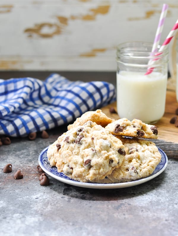 Plate of easy oatmeal cookies with chocolate chips