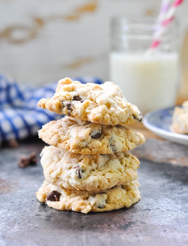 Stack of great grandma's old fashioned oatmeal chocolate chip cookies.