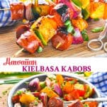 Long collage of grilled Hawaiian Kielbasa Kabobs