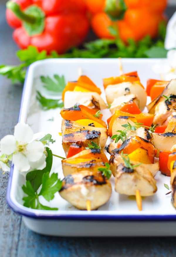 A plate of grilled chicken kabobs are an easy and family friendly make ahead dinner