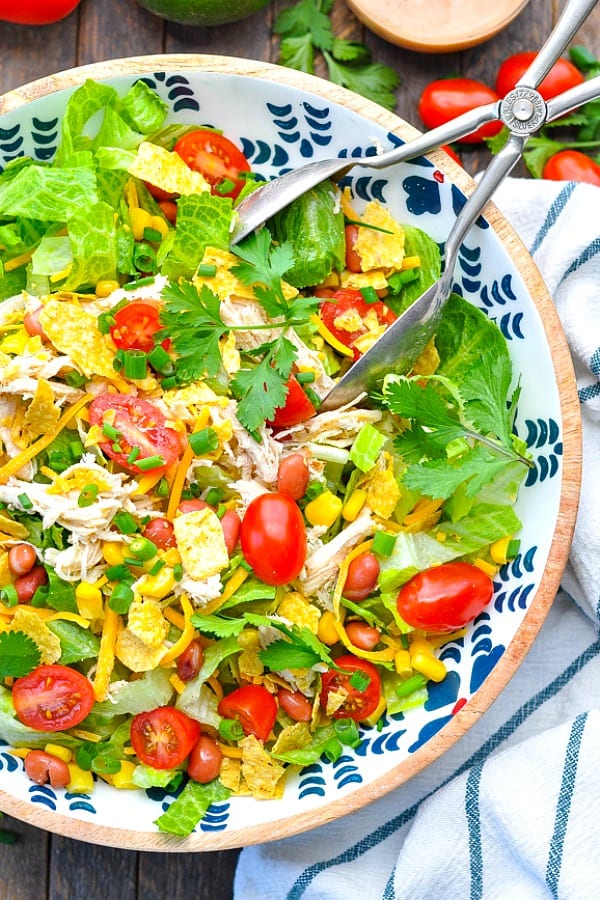 Overhead close up shot of Instant Pot or Slow Cooker Mexican Ranch Chicken Salad