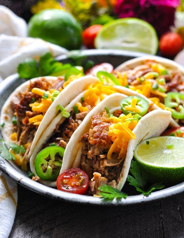 Plate of healthy and easy Slow Cooker Pork Carnitas!