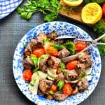 A plate of make ahead healthy Beef Shish Kabobs is an easy summer dinner recipe!