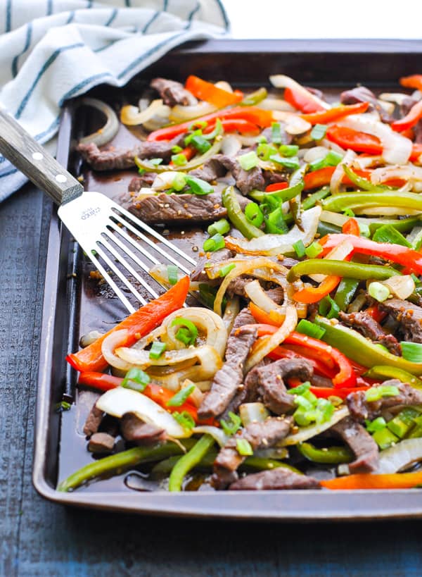 Chinese Pepper Steak bakes on a sheet pan for an easy and healthy dinner