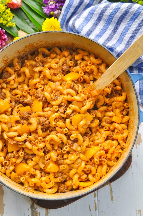 Ground beef and pasta come together in this easy dinner recipe for American Chop Suey
