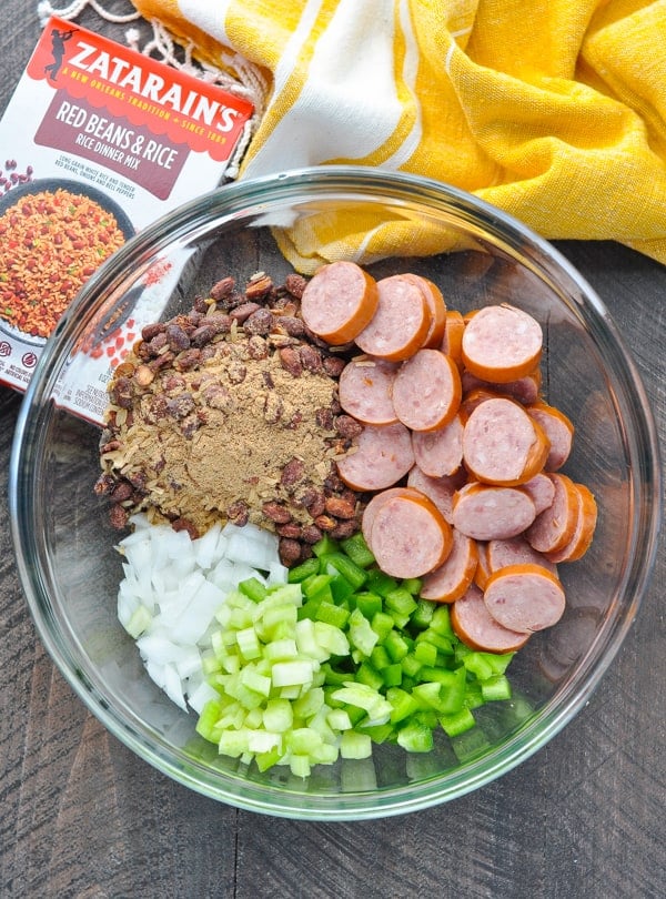 Ingredients for dump and bake red beans and rice with sausage