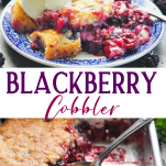 Long collage image of blackberry cobbler