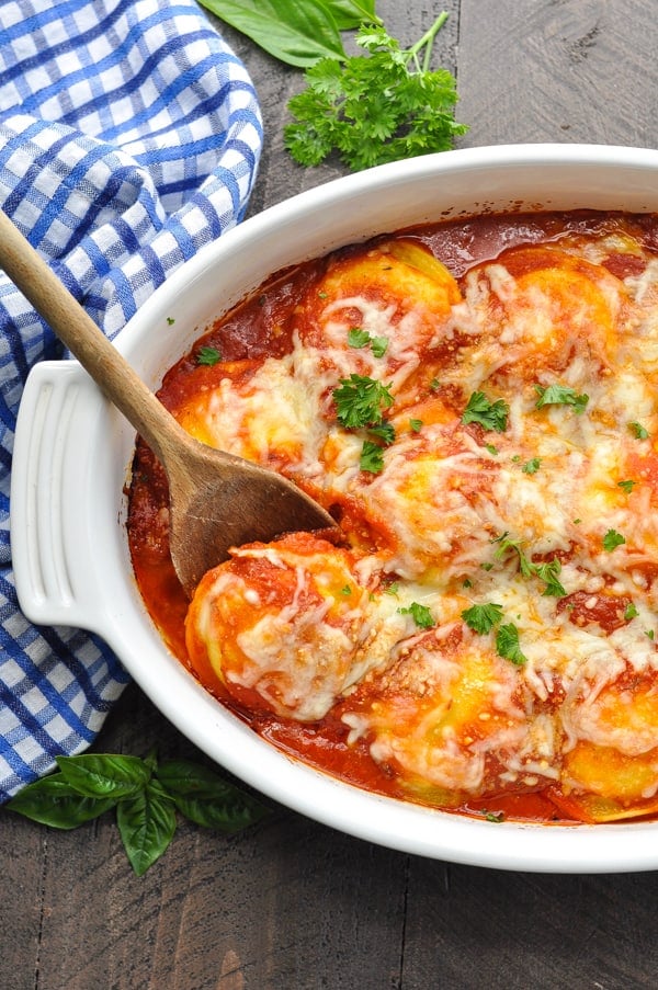 Baked ravioli casserole is an easy dinner with 5 minutes of prep!