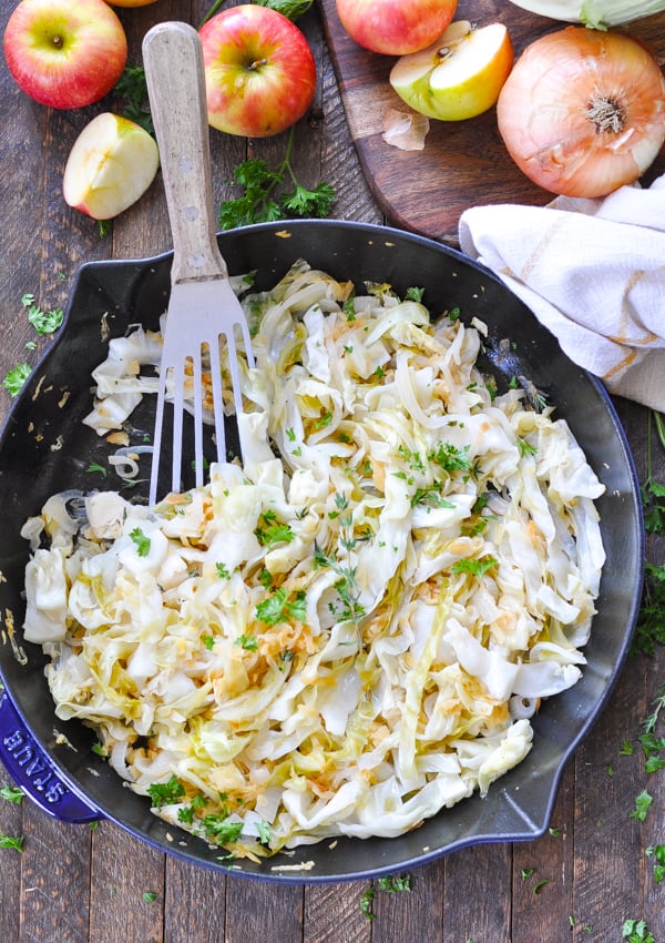 Skillet of pan fried cabbage