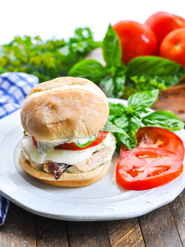 Lots of fresh ripe tomatoes and fresh basil in these Grilled Chicken Caprese Sandwiches!