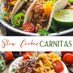 Long collage image of slow cooker carnitas
