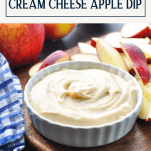 Side shot of a bowl of easy apple dip with text title box at top