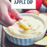 Dipping apple in dip with text title overlay