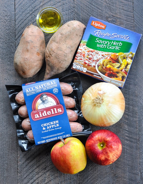 Ingredients for Dump and Bake Chicken Sausage Apples and Sweet Potatoes