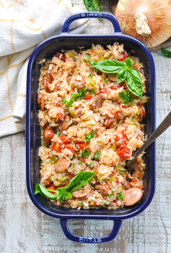 Dump and Bake Italian Sausage Recipe with rice in a casserole dish