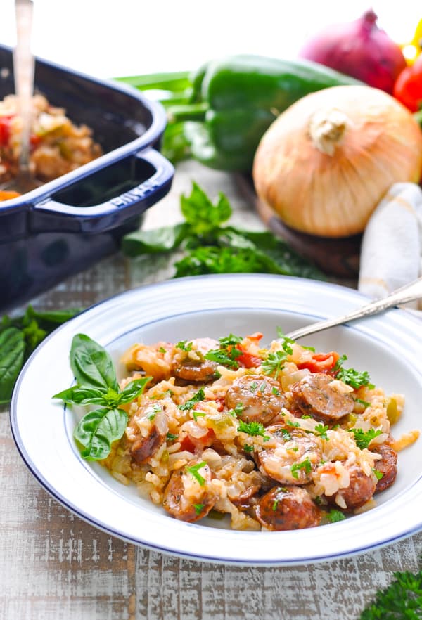 Bowl of Italian Sausage Recipe with Rice Bell Peppers and Onions