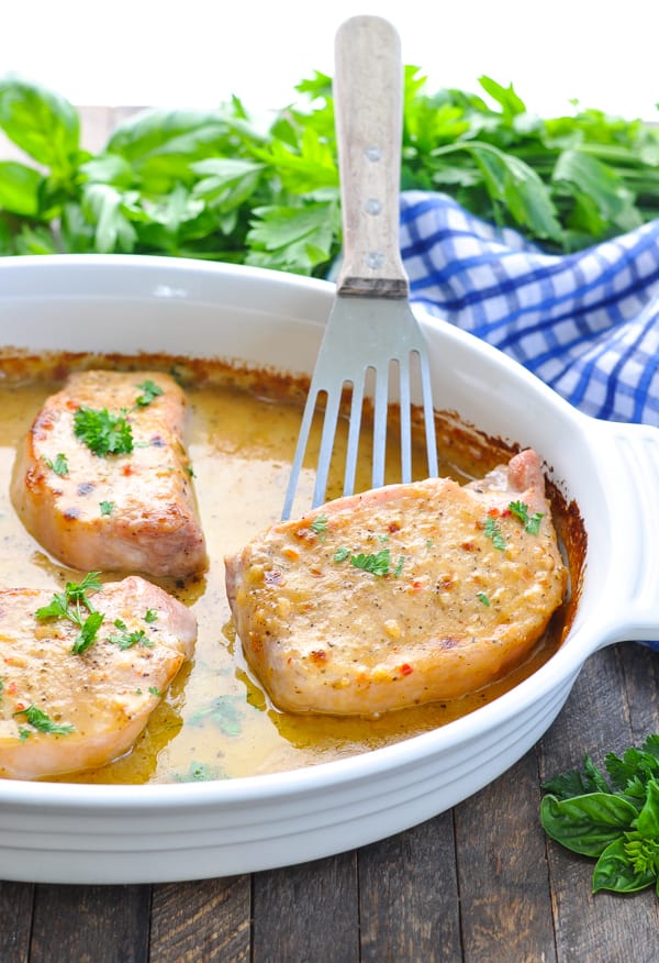 Baked pork chops in dish 