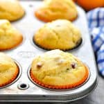 Close up of orange cranberry corn muffins in muffin tin with text overlay