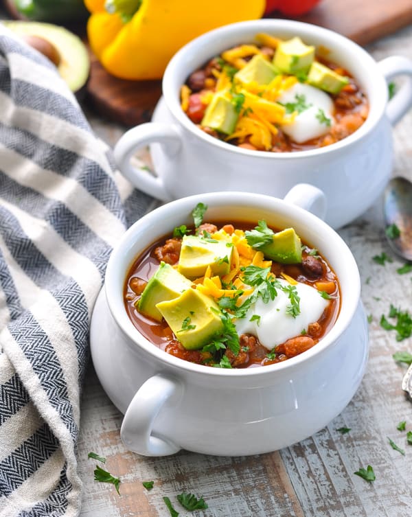 Bowls of easy taco soup from the slow cooker