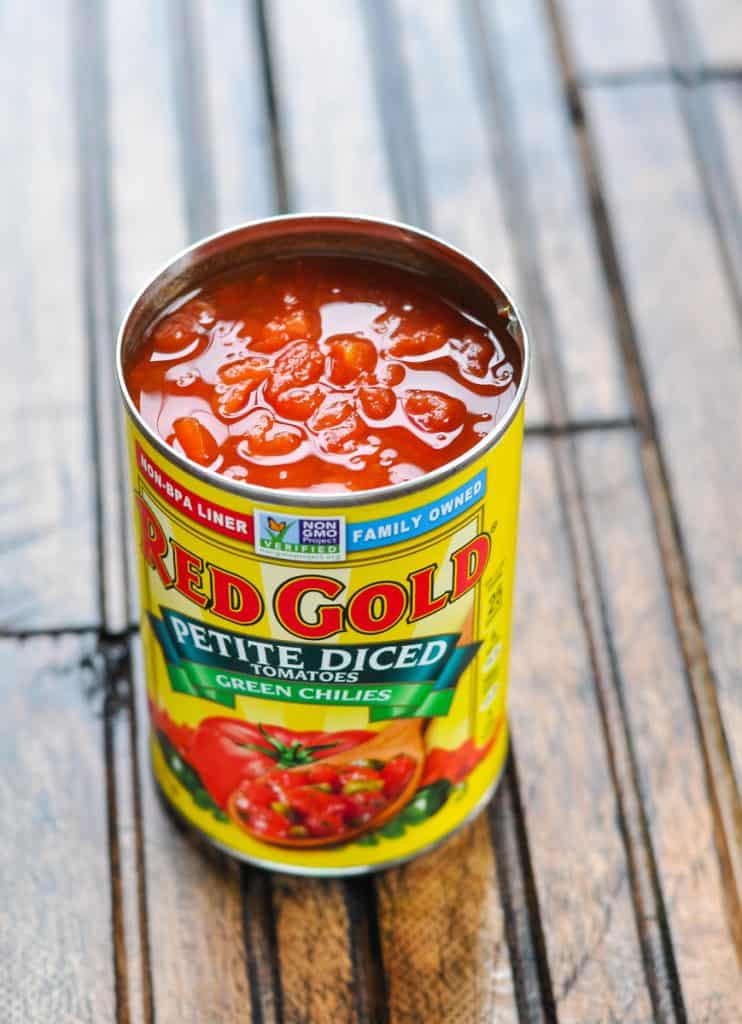 Open can of Red Gold Petite Diced Tomatoes with Green Chilies