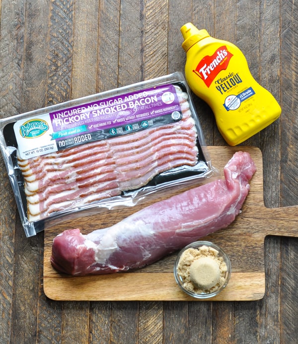 4 ingredients for bacon wrapped pork tenderloin with brown sugar