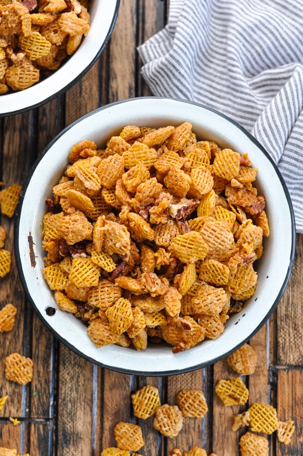 Overhead image of bowl of 4-ingredient Snack Mix called Crack Snack!