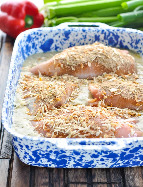 Lipton onion soup mix on top of chicken wild rice casserole in baking dish
