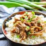 Sesame Garlic Chicken for the Slow Cooker or Instant Pot in a bowl with text overlay
