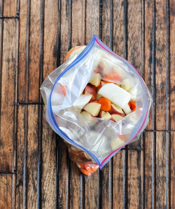 Chopped vegetables in a large ziploc bag