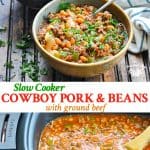 Long collage of slow cooker pork and beans with ground beef