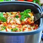 Slow Cooker Lasagna with turkey and pesto and text overlay